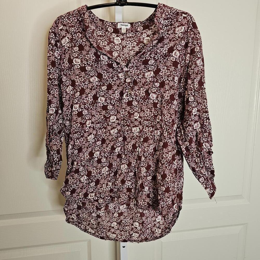 Floral Print Blouse by Teenbelle - Burgundy with White Flowers